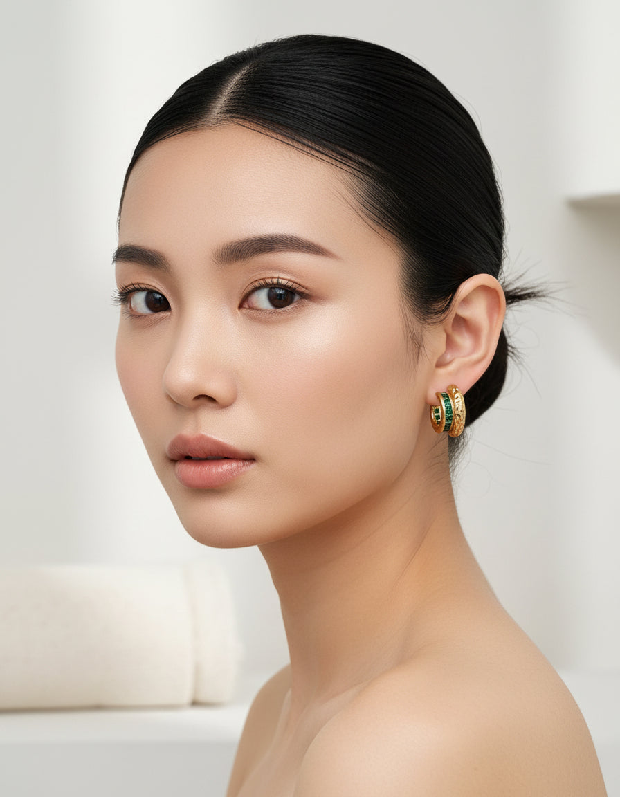 【Keliana】S925グリーンストーンフープピアス|2色選択可(ゴールド/シルバー)|ギフト対応