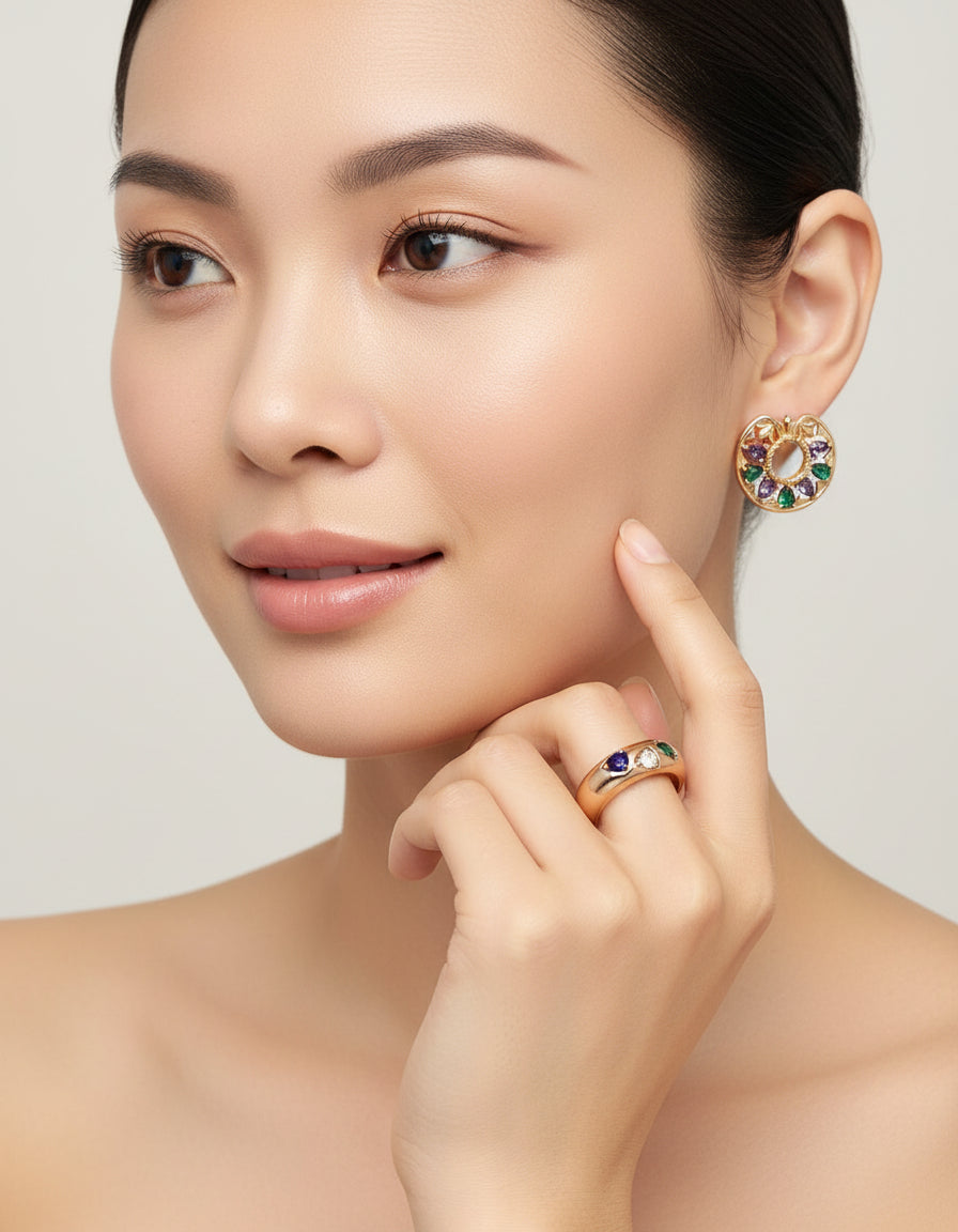 【Keliana】S925マルチストーンエスニックピアス｜アメジスト＆グリーンストーンの華やぎデザイン｜ギフト対応