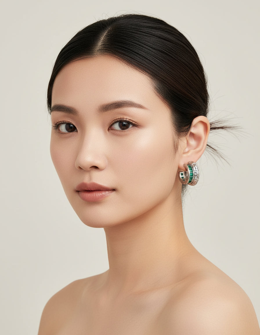 【Keliana】S925グリーンストーンフープピアス｜2色選択可（ゴールド／シルバー）｜ギフト対応