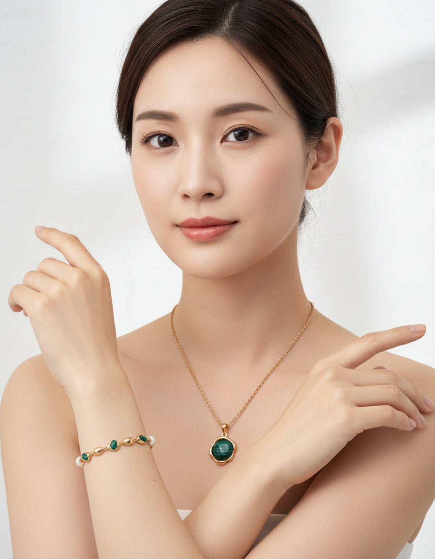 【Keliana】S925マラカイト風ストーン×淡水パールブレスレット｜上品デザイン｜ギフト対応