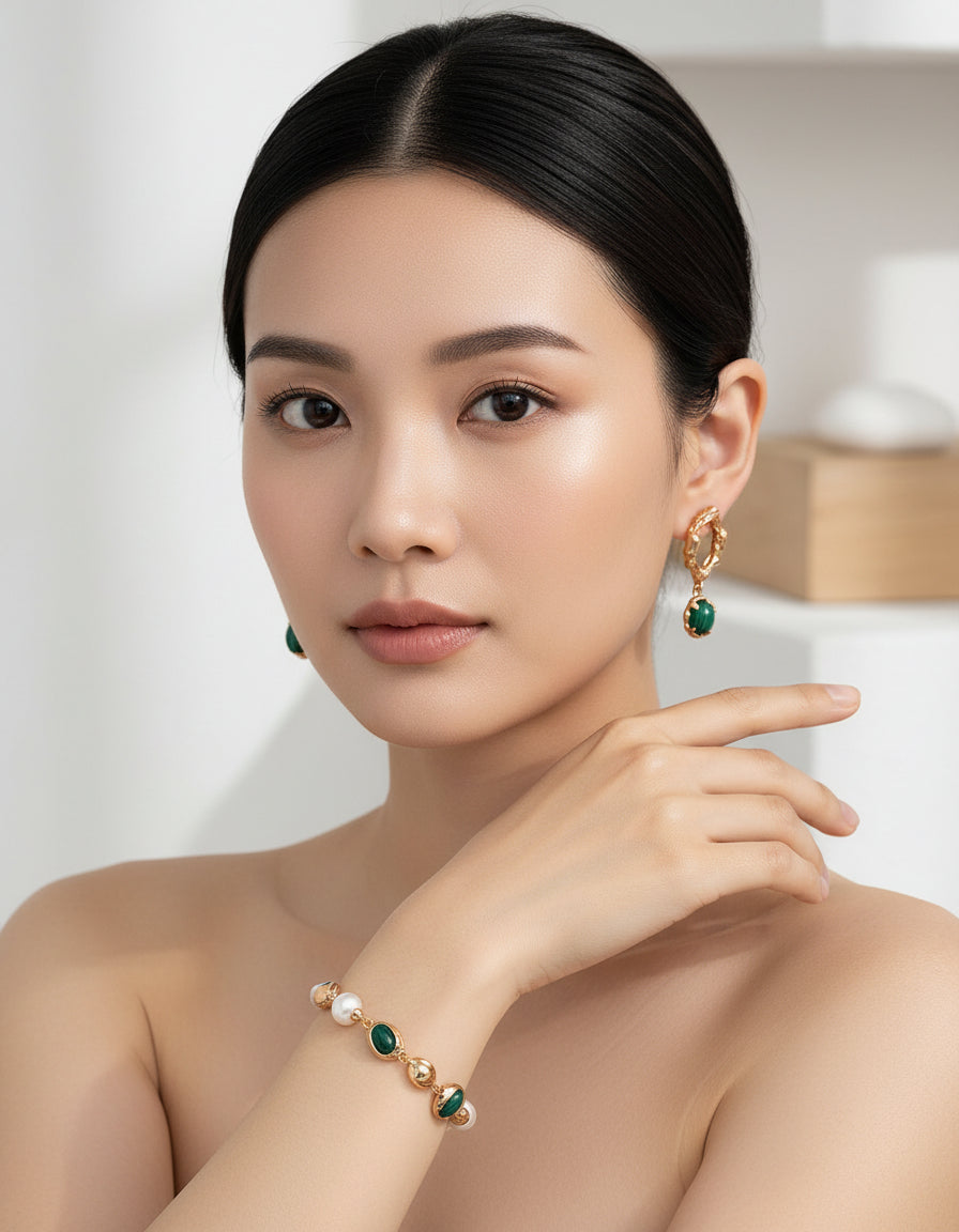 【Keliana】S925マラカイト風ストーン×淡水パールブレスレット｜上品デザイン｜ギフト対応